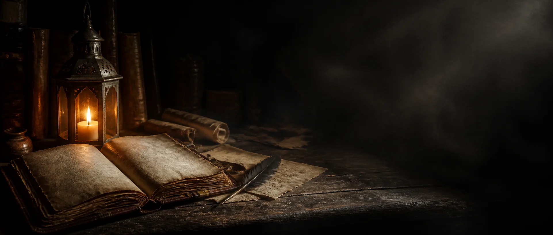 An open medieval manuscript beside a lantern